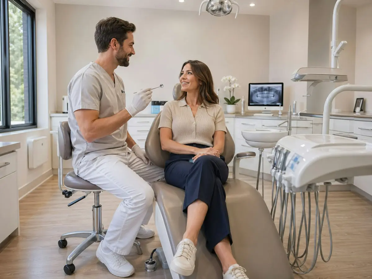 A dentist chatting with a relaxed patient in a bright treatment room